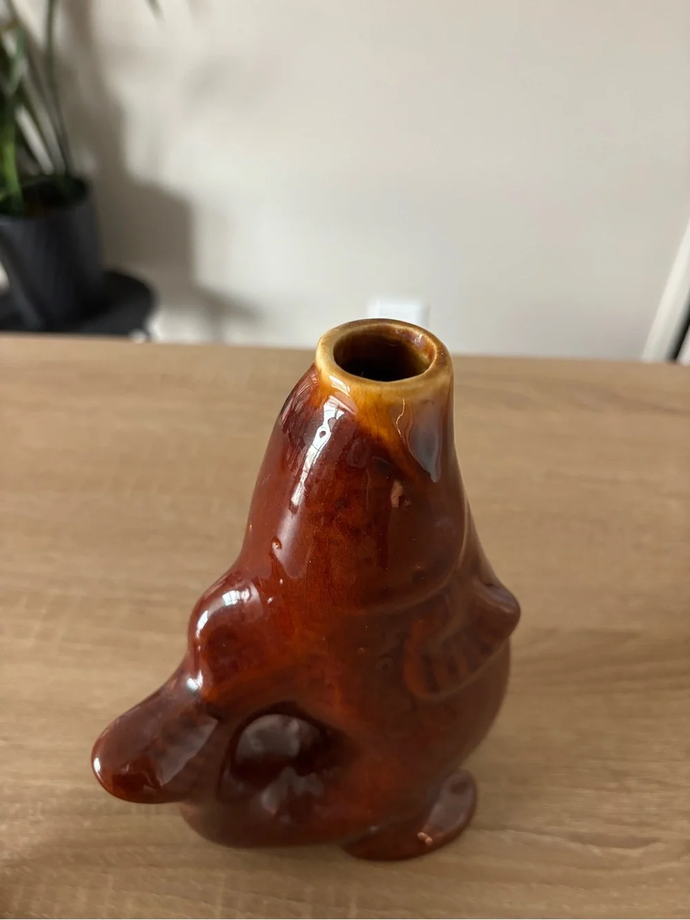 Vintage Handmade Brown Ceramic Fish Decanter with Stopper